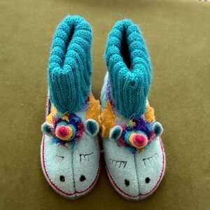 Garnet Hill Kids Unicorn Slippers - Teal and Multicolor